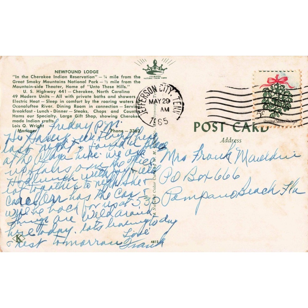 Vintage Newfound Lodge Cherokee NC Postcard Great Smoky Mountains 1965 - Picture 2 of 2